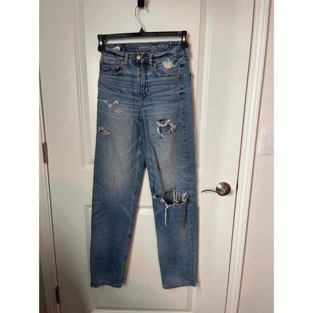 American Eagle Distressed High Rise Straight Leg Jeans Blue Womens 00 Long